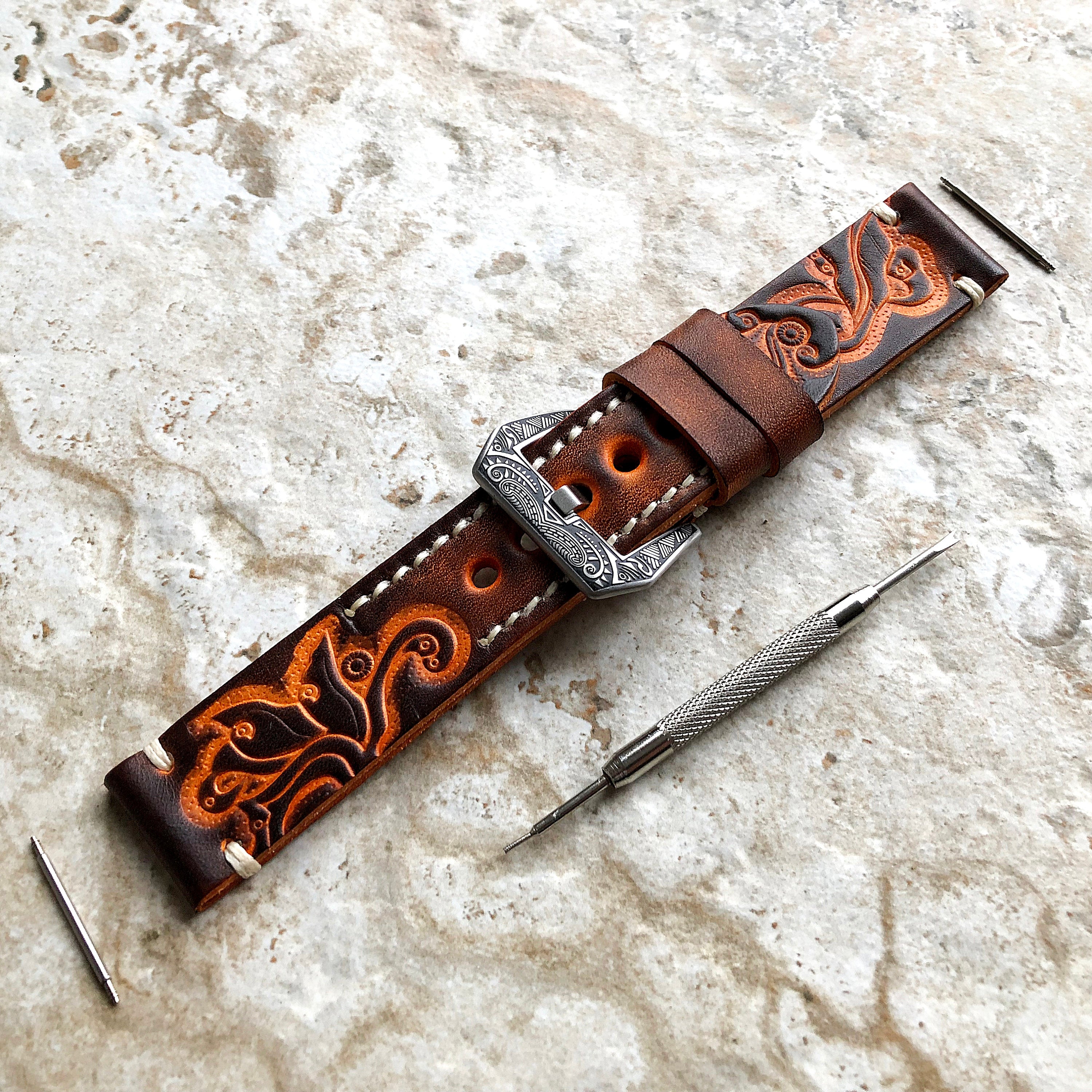 22mm Brown and Orange 18mm 20mm 24mm Tooled Embossed Handmade Premium Leather Band Strap Bracelet Watch Kit for Watches - Pins Buckle Tool